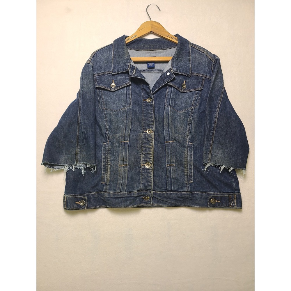 Falls Creek XL Denim Jacket Slouchy Boho Raw Hem Blue Short Sleeve Button Front